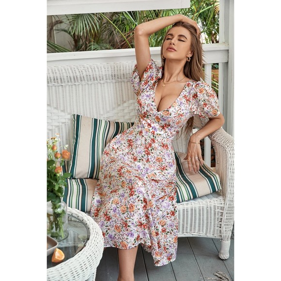 Puff Sleeve | Floral Dress  | V Neck A Line | Womens Small - Picture 4 of 10